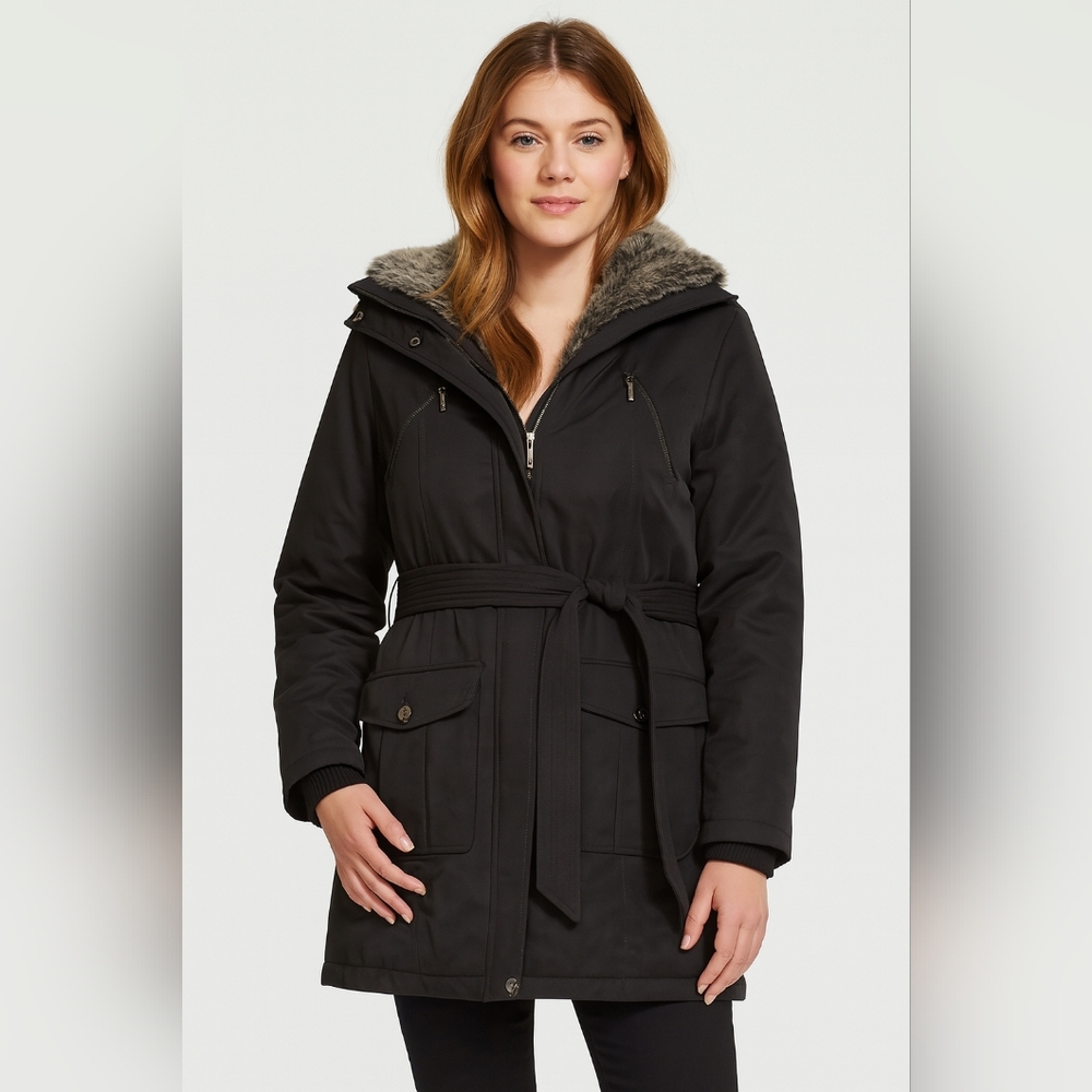 Kensie Black Belted Utility Hooded Jacket with Faux Fur Trim Size Large